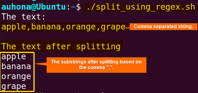 Split text using regex in Bash.