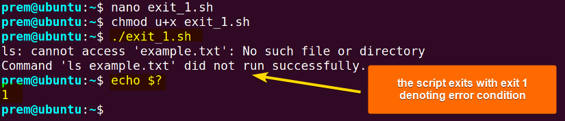 exit 1 command denotes error and terminates script