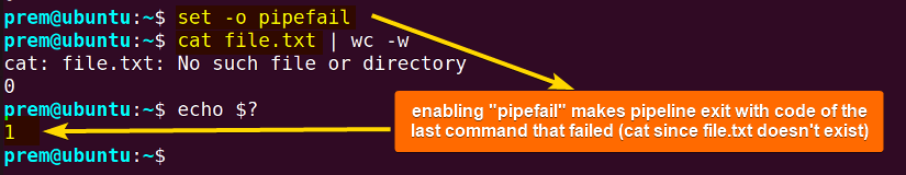 pipefail is set and controls exit code