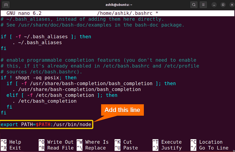 adding node path variable to bashrc file