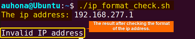 Check the fomrat of an IP address using Bash regex.