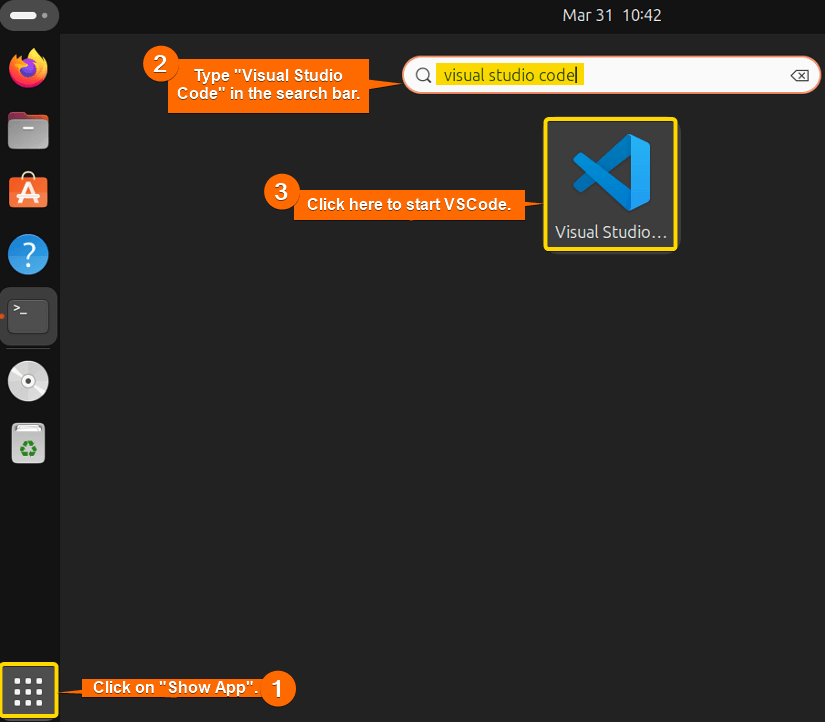 To start VSCode, search "visual Studio Code" in the search bar, and click on the application.