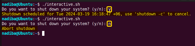 Interactive shutdown using the "shutdown" command