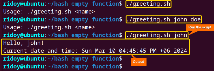 while executing a script with empty function, it is executed as a null command