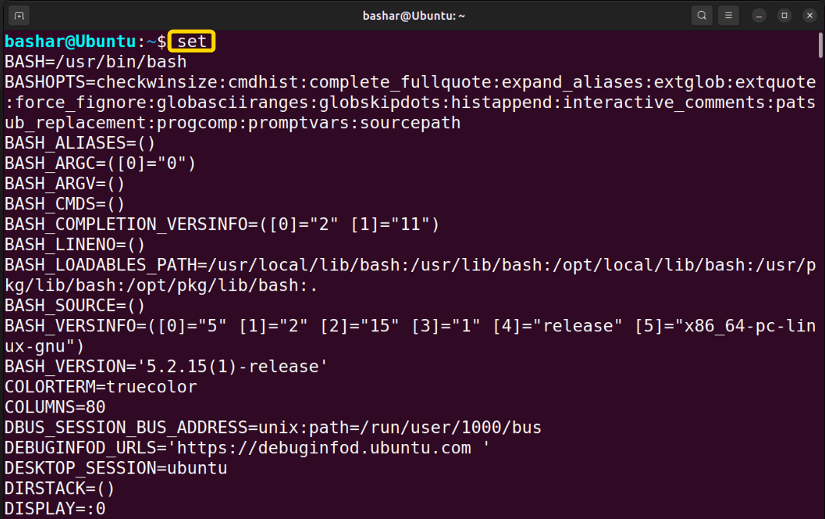 default set command returns current environment settings