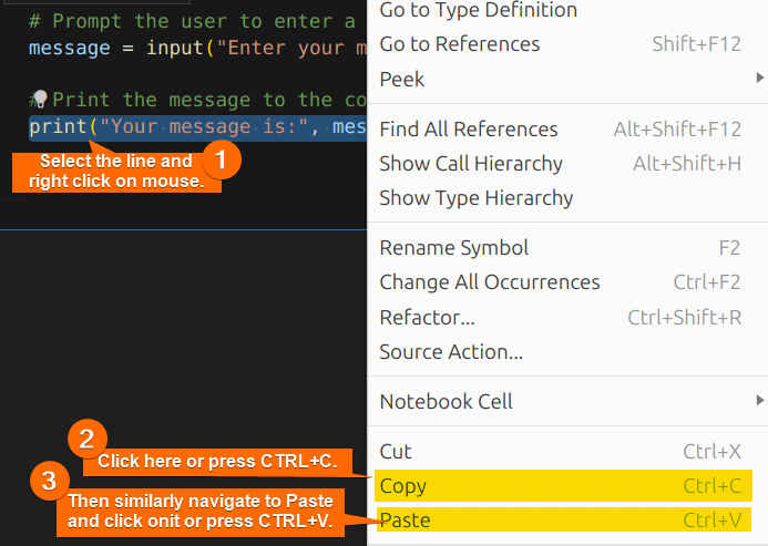 Selecting the line to duplicate, right click, then click on Copy, and finally click on Paste.