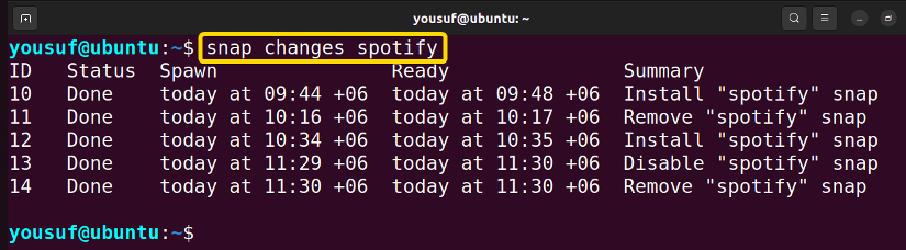 Getting package changelog using snap changes command