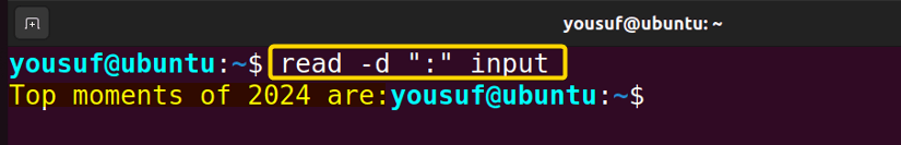 Using read -d command to read until the colon delimiter found