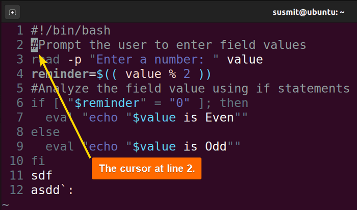 The cursor at the line 2.