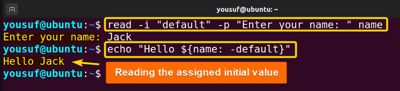 Using read -i and echo command to assign editable initial value for inputs