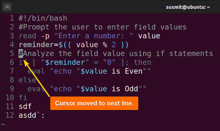 The cursor moved to the next line.