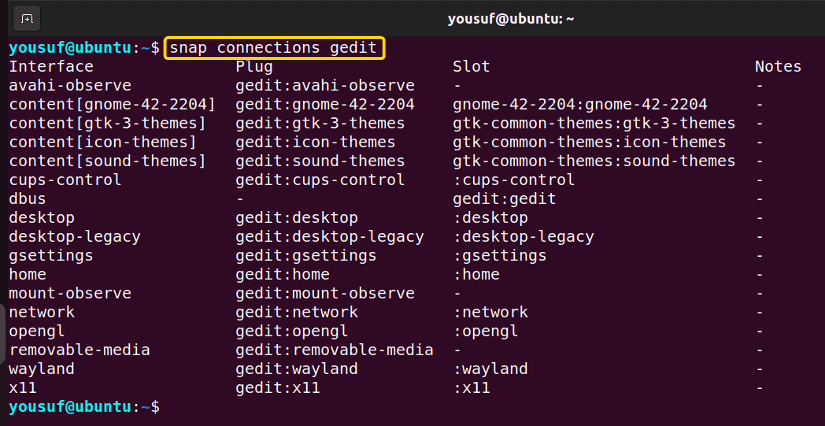 Viewing permission of a snap package named Gedit