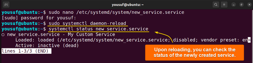 Reloading system to end the creating process using systemctl