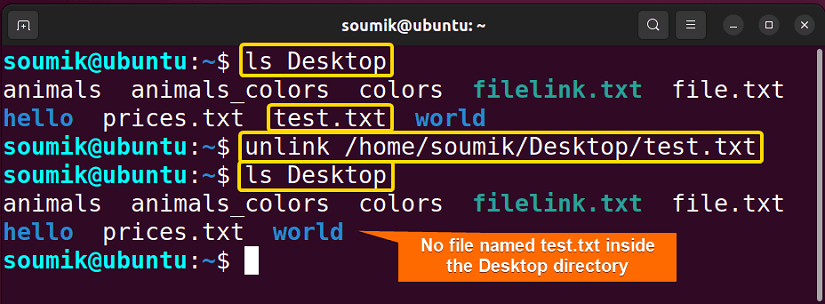 Deleting file from original path using unlink command