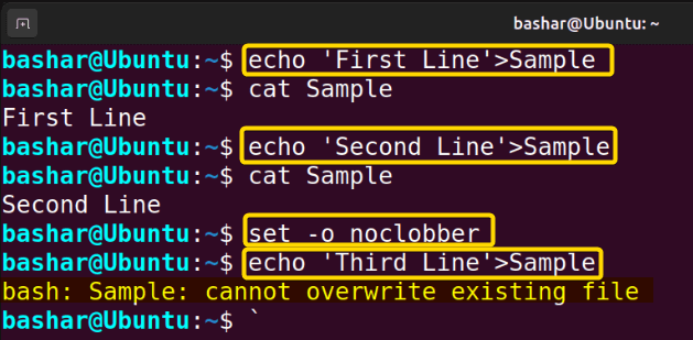 set-o-noclobber command turns off overwriting an existing file
