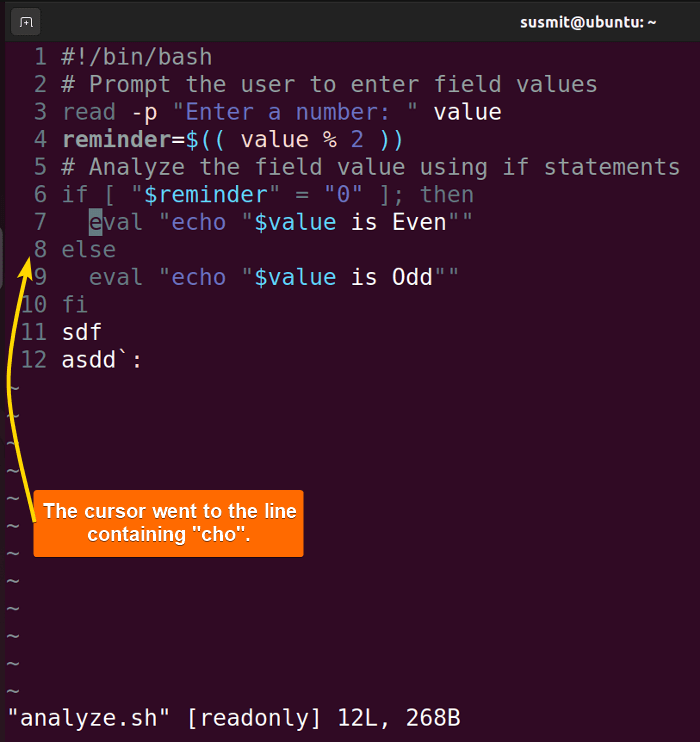 The cursor moved to line containing "cho".