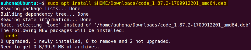 Installing the .deb file of VSCode using apt