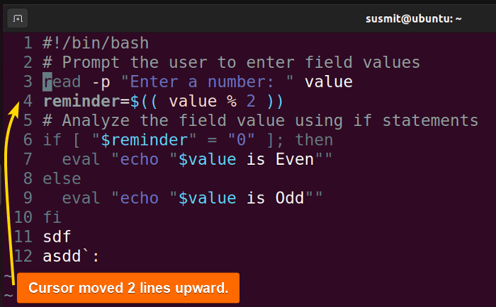 The cursor moved two lines upword in vim.