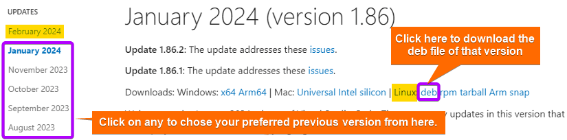 Downloads the .deb file of VSCode's previous version from VSCode's official page.