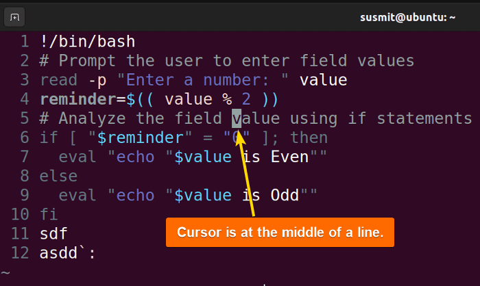 The cursor is at the middle of line 5.