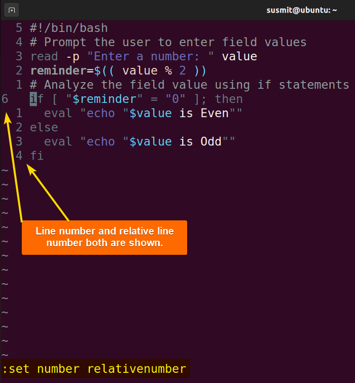 Line number and relative line numbers both are shown.