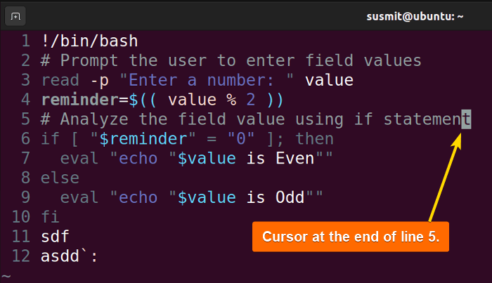 The cursor is at the end of line 5.