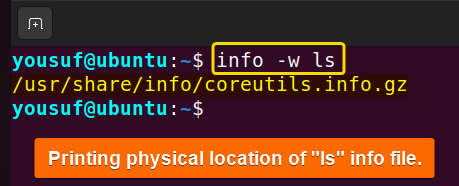 Printing physical file location of ls command using info command with -w