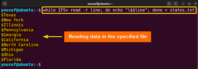 Using the read command with while loop to read data from a file