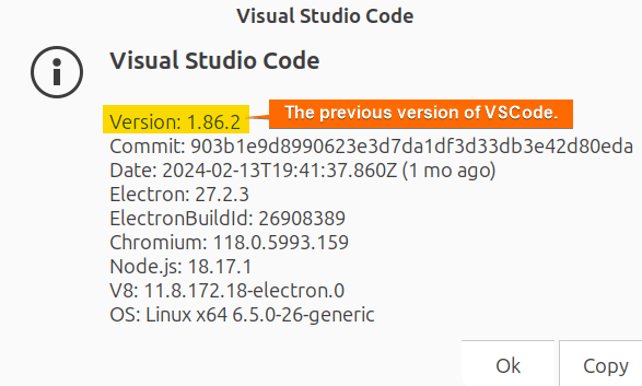 Shows the version of VSCode which is the previous version.