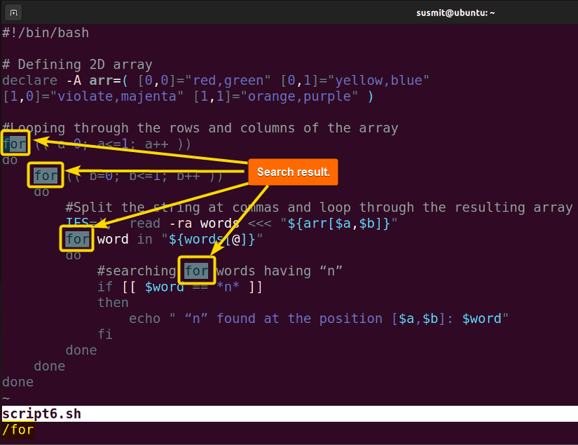Search result in Vim editor.