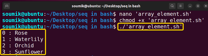 Executing bash script for array element