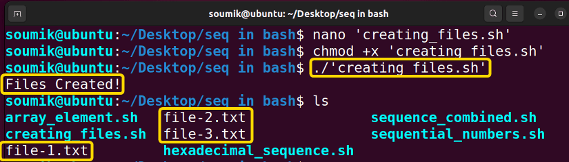 Executing bash script for creating files