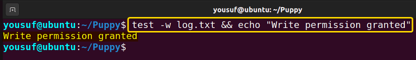 Checking for write permission using test with -w option