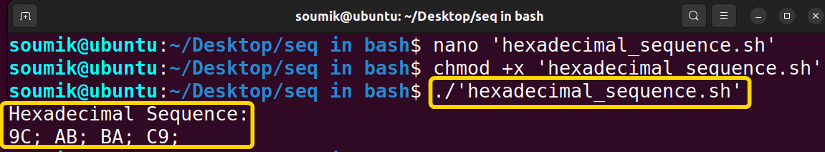 Executing bash script for hexadecimal sequence