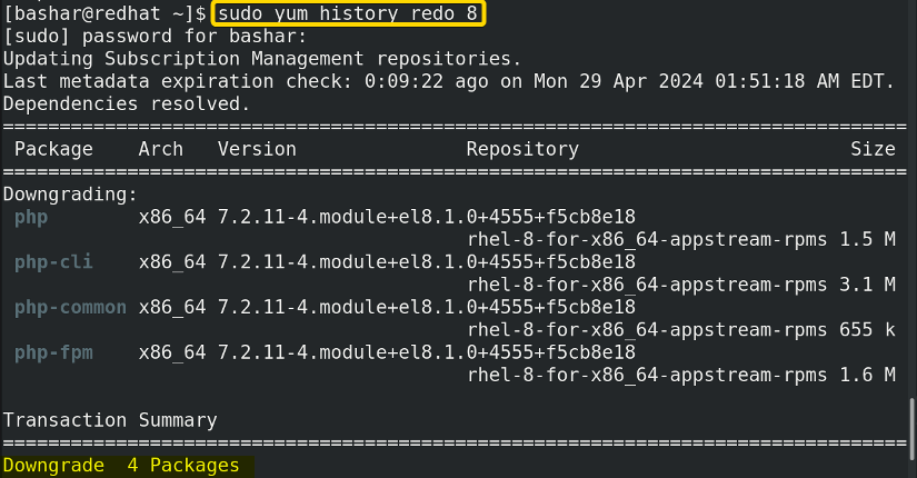 using "yum" command to redo a transaction