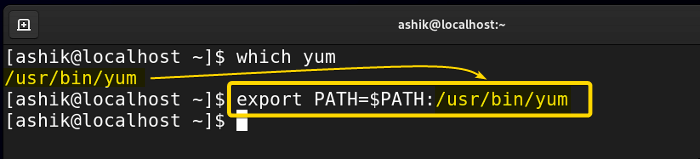 adding yum path to environment variable
