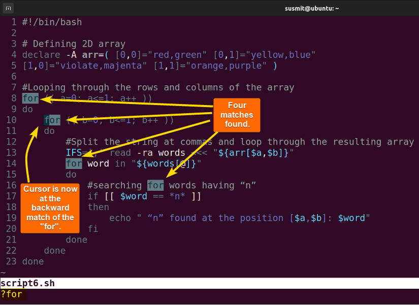 Four matches found for search in Vim editor.