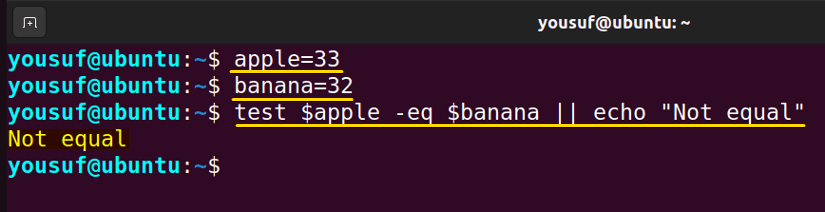 Comparing two integer variables using test with -eq option