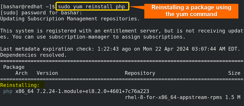 reinstalling a package using "yum" command