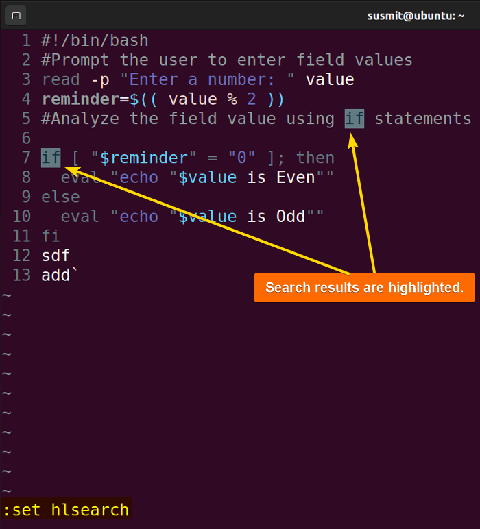 Search results are highlighted in Vim editor.