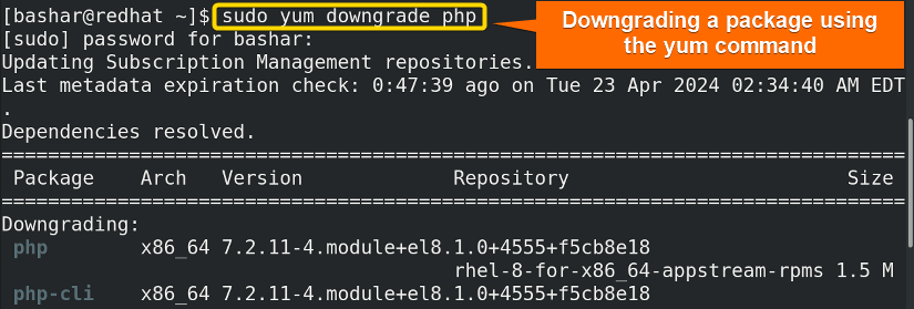 downgrading a package using "yum" command